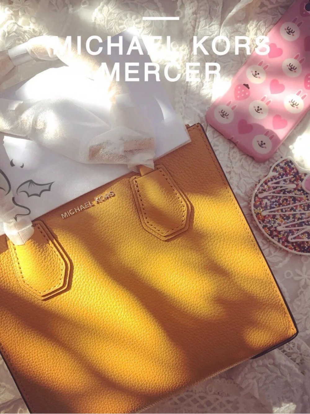 Michael Kors Mercer Marigold Pebbled Small Satchel Top Handle Bag With Strap